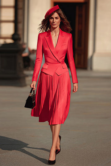 Red Peaked Lapel Long Sleeve Midi 2-piece Work Dress